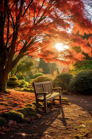 Bench under the tree in the Royal Botanic Gardens in Londonの素材
