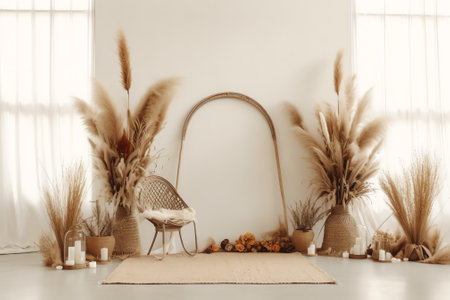 Living room interior wall mockup in warm tones with beige linen armchair, dried Pampas grass and wovの素材