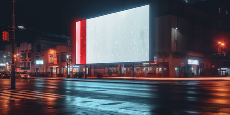 3D Rendering of billboards and advertisement signs at modern buildings in capital city with light reの素材