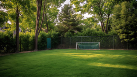 Soccer playground field with gates and net surrounded by trees somewhere in natureの素材