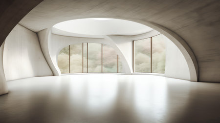 Space for products showcases in the concrete hallway with a park background.3d rendering.の素材