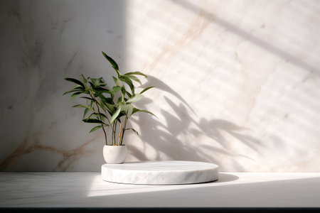 Mock up : Stylish minimalistic white marble table workplace with supplies, house plant. copy space fの素材