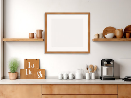 Light countertop on background of white kitchen interior with sink, stove and kitchenware. Mockup coの素材