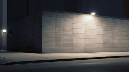 Yellow concrete wall with a streetlight in the middle. Sidewalk and asphalt road with parking in froの素材