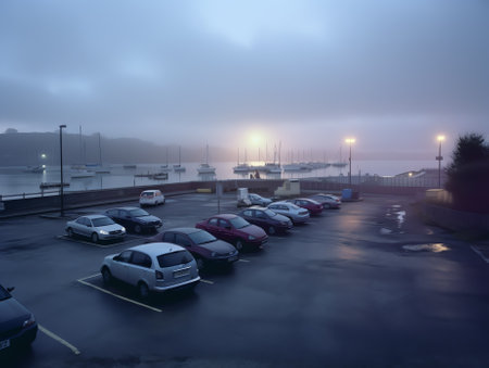 Empty parking lot at the sea under skyの素材