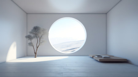 Minimal style white empty room interior with circle shape overlooking nature view 3d render sunlightの素材