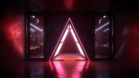 Triangle Neon Laser Fluorescent Red Blue Glowing Sci Fi Futuristic Warehouse Hangar Spaceship Realisの素材