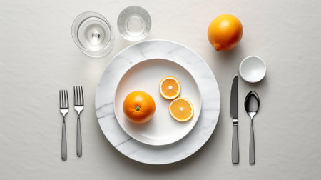 Food flatlay of empty plate on white marbleの素材