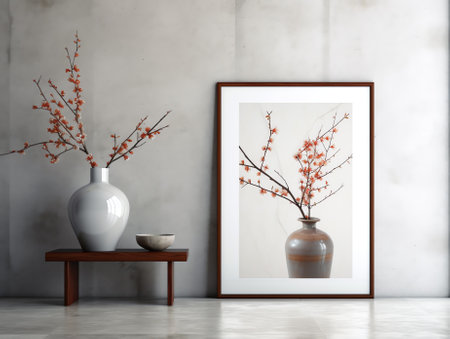 Empty room interior background with glass vase with branch 3d renderingの素材