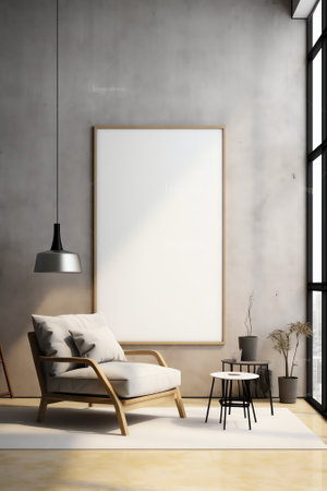 Front view on bright living room interior with empty white poster, dining table, panoramic window wiの素材