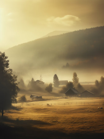 foggy rural landscape at sunrise. beautiful mountainous countryside in late autumn season. empty fieの素材