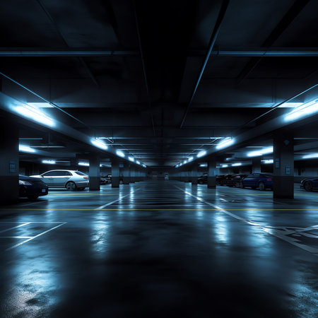 Empty parking lot in the city at nightの素材