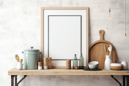 Mockup white wall in kitchen style house with accessories in the room.3d renderingの素材
