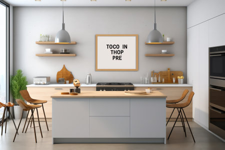 Modern kitchen interior with gray walls, modern countertops with a built in sink and a cooker. 3d reの素材