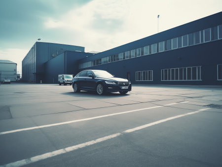 Blue car in an empty parking lot. Horizontal banner with copy space. Automobile without brand.の素材