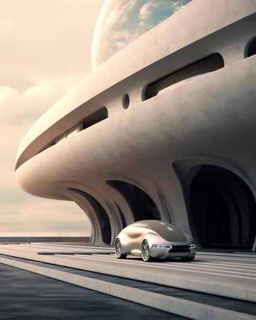 3d render of futuristic concrete architecture with car park, empty cement floor.の素材