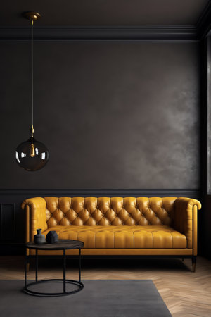 Modern classic black interior with capitone brown leather chester sofa, floor lamp, coffee table, caの素材