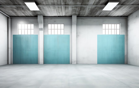 Large modern empty storehouse with blue tintの素材