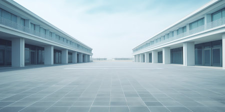 Empty concrete floor for car park. 3d rendering of abstract building with mountain and blue sky backの素材