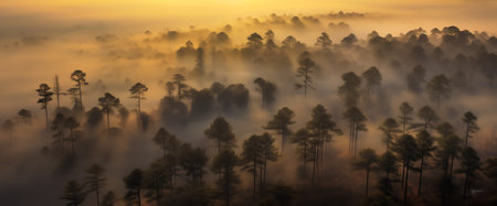 Panorama of dawn over a golf course with a pine forest in the background in Belek Turkeyの素材