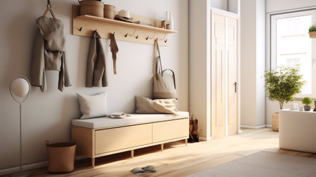 Minimalist hallway with modern interior design in contemporary apartment. Comfortable shoe storage bの素材