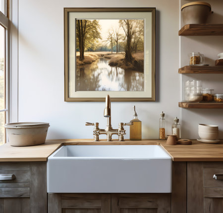 Sink detail shot in a luxury kitchen with herringbone backsplash tiles. white marble countertop, andの素材