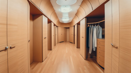 Empty wooden wardrobe with shelves and drawers in dressing roomの素材