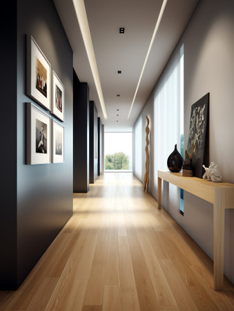 Interior of long narrow hallway with closed doors, wooden floor and white walls in apartment designeの素材