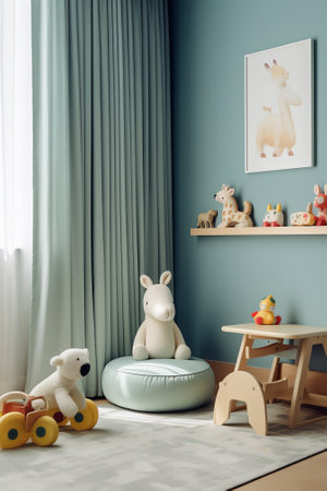 Living room: Chairs, table and toys. Interior of kindergarten. Soft selective focus.の素材
