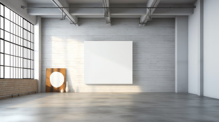 Blank banner in white interior and concrete floor. Presentation concept. Mock up, 3D Renderingの素材