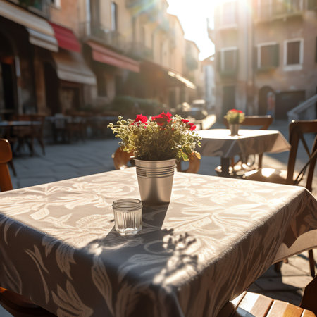Summer empty outdoor cafe at tourist european cityの素材