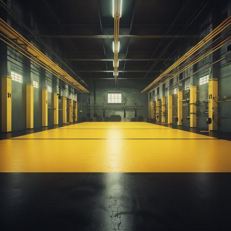 Empty, gym and interior space or dark room with window and light flare for exercise, training and fiの素材