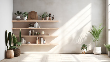 Interior wall mockup with green plant in hanging pot and books on the shelf on empty white backgrounの素材