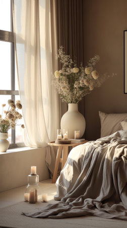 Wooden table, desk or shelf close up with ceramic vases with cotton flowers over classic bedroom witの素材