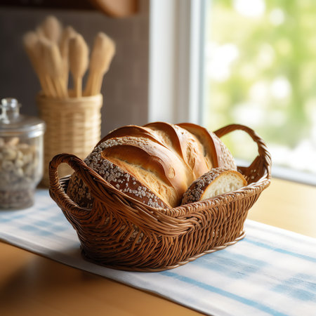 Empty wooden basket on table with tablecloth over wheat field background. Jewish holiday Shavuot mocの素材