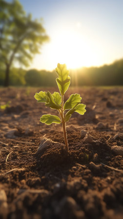 one oak tree growing in a field with agricultural plants, a field for growing foodの素材