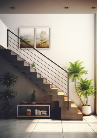 Modern interior design with staircase and empty black mock up wall background. 3D Rendering , 3D Illの素材