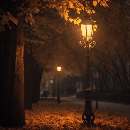 Gloomy landscape with old streetlights along empty alley crossing foggy city park with tall green anの素材