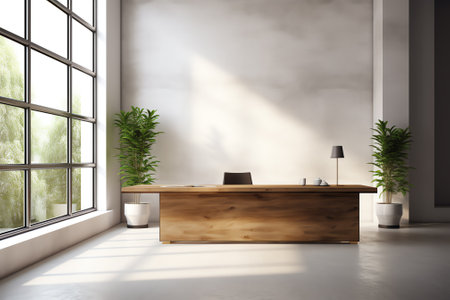 Empty office, white wall in front of panoramic window, table for meetings, wooden wall. Concept of nの素材