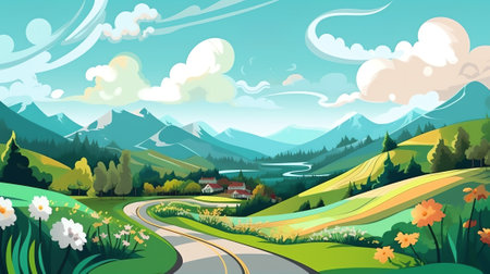 Straight empty road through the countryside. Green hills, blue sky, meadow and mountains. Summer lanの素材