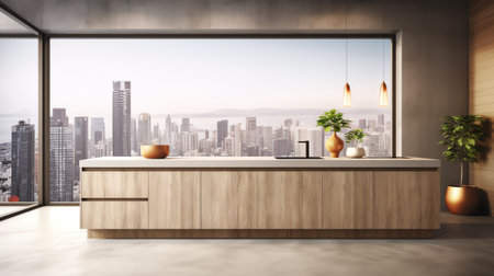 Interior of luxury kitchen with white, marble and wooden walls, concrete floor, wooden countertops,の素材
