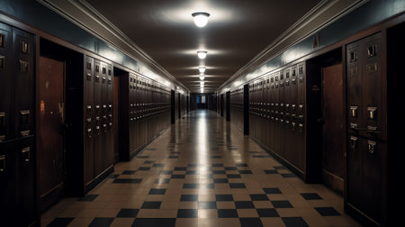 School hallway with deep shadows sinking into the various rows of lockers on either side and a brighの素材