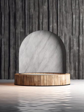 Background for cosmetic products,swimming pool.Geometrical concrete stone podium.Empty showcase,packの素材