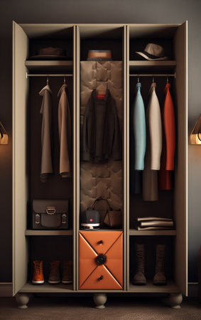 3d illustration of Empty open wooden wardrobe with hangersの素材
