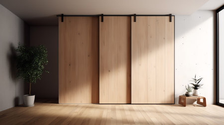 Interior of modern living room with wooden walls, wooden floor and white walls. 3d renderingの素材