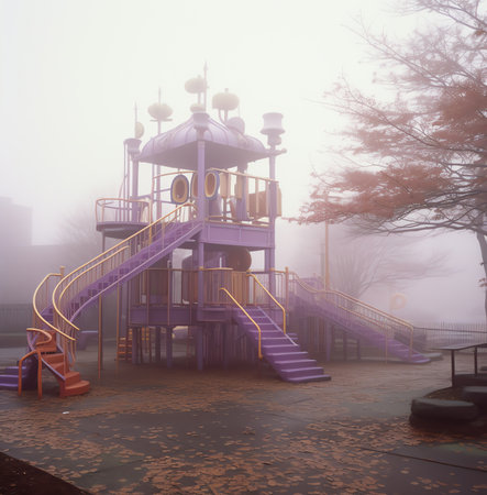an empty playground in the middle of a city, with no people or any activity to be seen on itの素材