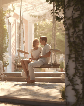 Vintage wooden swing in the garden of an old house - renderingの素材