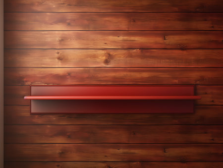 Empty three wood shelf on wood decorative wall, Industrial interior.の素材