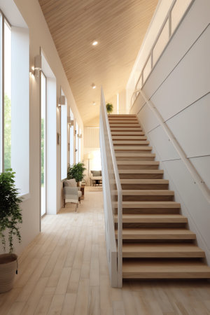 Interior of hallway with wood stairway. Wall mockup. 3d render.の素材