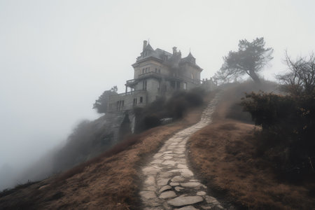 Abandoned curve dry alley located on hillside near large field with trees on foggy day under cloudyの素材
